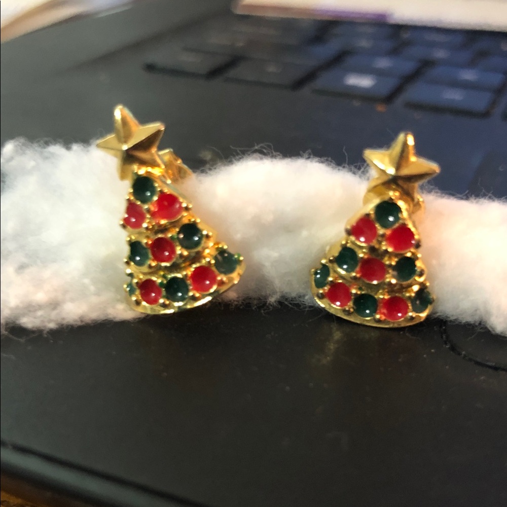 Avon Gold Christmas Tree Clip On Earrings with Red and Green Accents